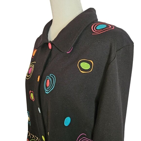 Onque Casuals Size XL Black Jacket Colorful Embroidery Knit Blazer Artsy Boho - Picture 2 of 10